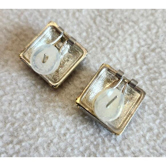 Vintage Signed DP Silver Tone Gold Tone Earrings Chunky Square Black Stone - Picture 5 of 9